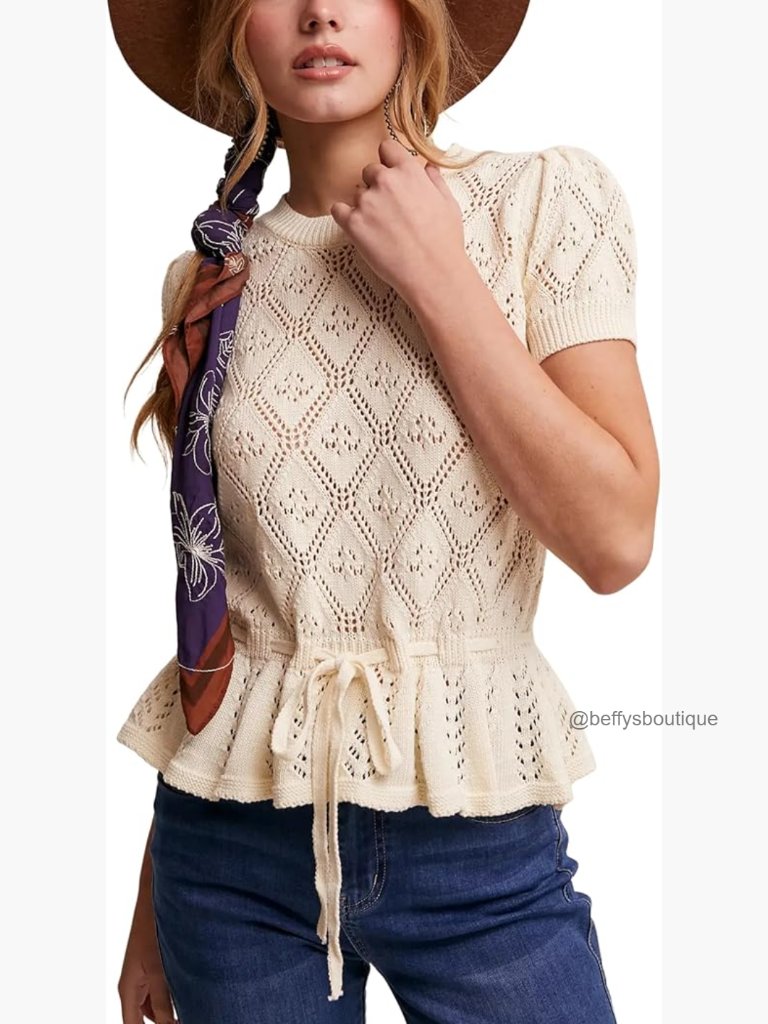 Womens Casual Short Sleeve Crochet Knit Sweater Lightweight Hollow Out Tie